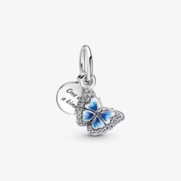 Pandora Blue Butterfly & Quote Double Dangle Charm - Picture 1 of 5